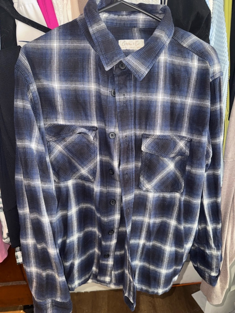 Casual Navy and White Plaid Button-Down Shirt